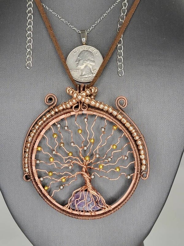 Pendant & Necklace, Suncatcher, Rainbow Fluorite Crystal Cabochon, Tree of Life, w/Circle of life, Wire wrapped