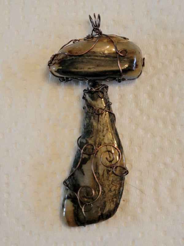Pendant & Necklace Mushroom Picasso Jasper Cabochon, Wire Wrapped