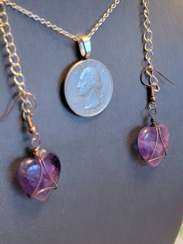 Earrings, Amethyst Crystal Heart Cabochon, Wire Wrapped