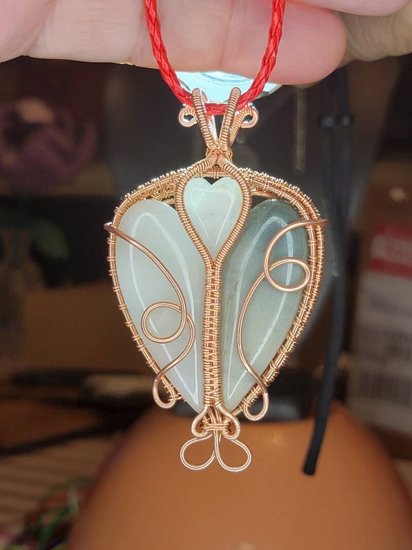 Pendant & Necklace, White Jasper, Cabochon Heart, Wire Wrapped