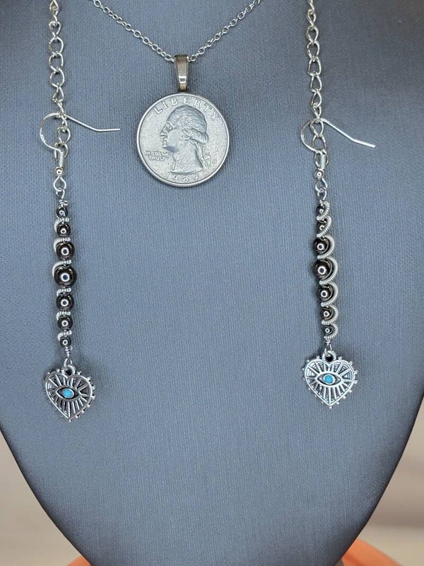 Earrings w/Black Beads & Wire Wrapped with Evil Eye charm