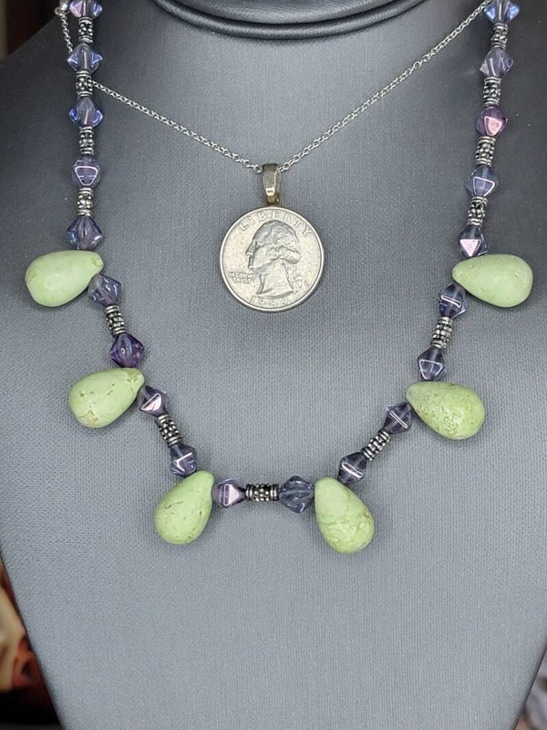 Handmade Necklace, 16" long, with Green Calcite Stone Beads and Beads