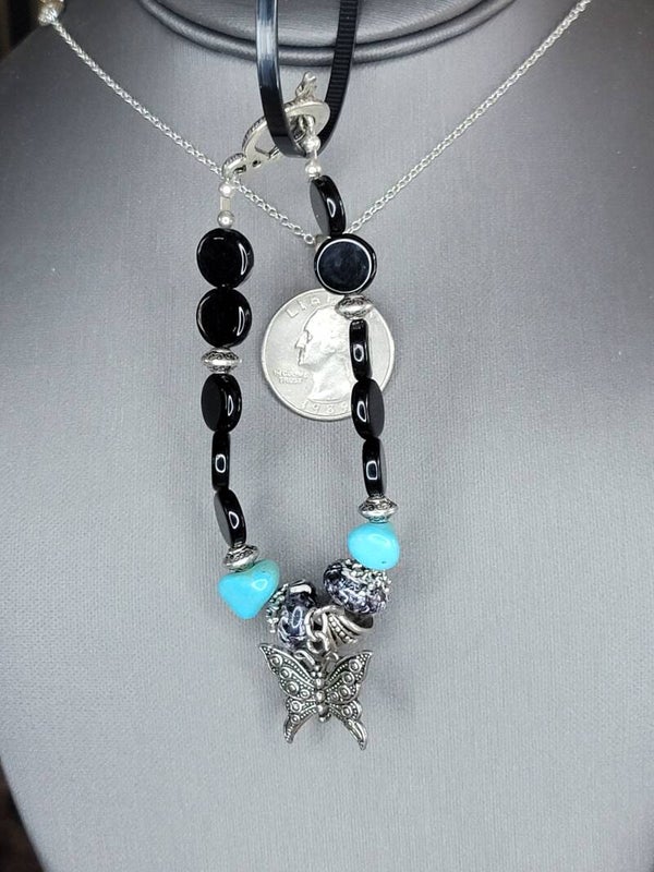 Handmade Bracelet with Butterfly Charm and Beads. (Turquoise are not real)