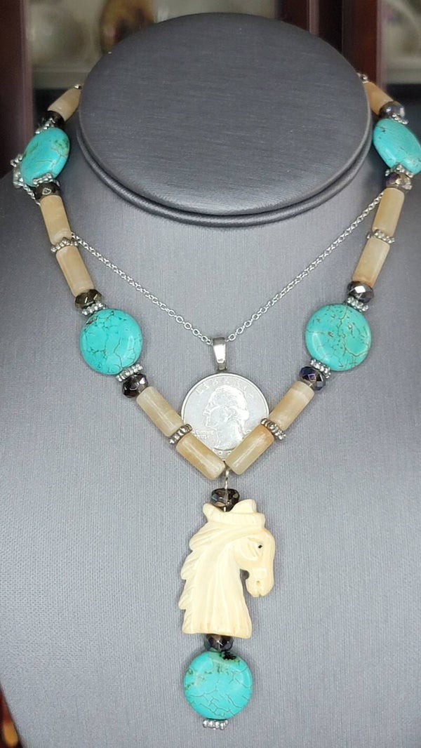 Handmade Necklace, 18" long, with Charms and Beads (Turquoise are not real)