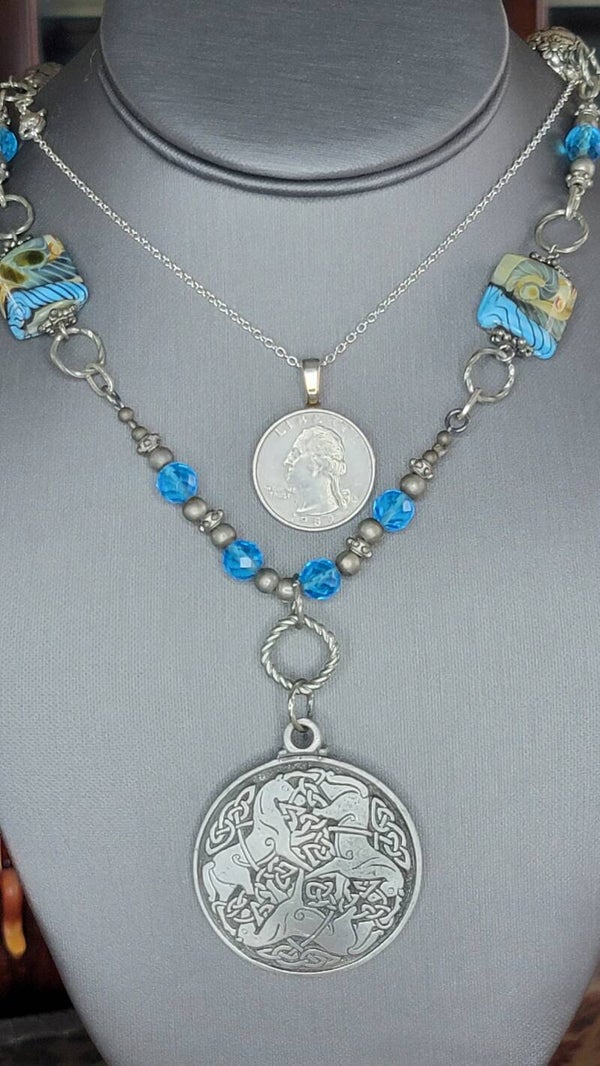 Handmade Necklace, 24" long,  with Charms, Beads, and 1-34: Horse pendant