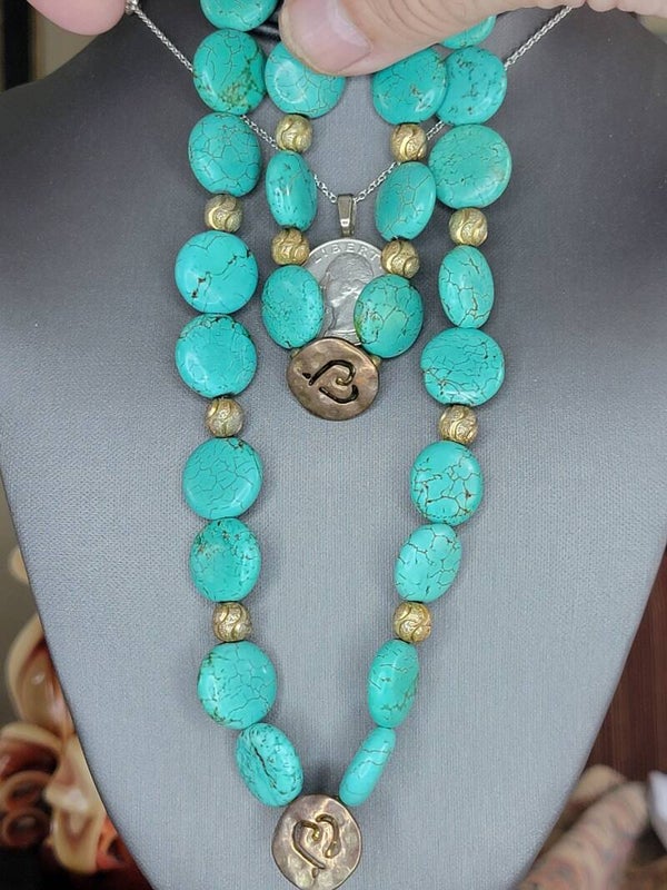 Handmade Necklace, 16" long, and Bracelet combination, with Charms and Beads (Turquoise are not real)