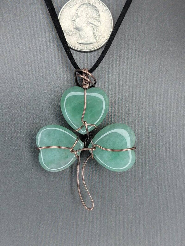 Handmade Pendant with Necklace, Shamrock wrapped in copper, 3 Green Aventurine Cabochons.
