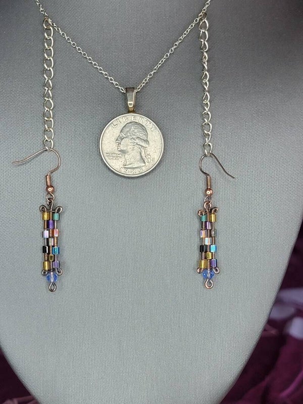 Copper Wire Wrapped Earrings with Multi Colored Glass Beads.