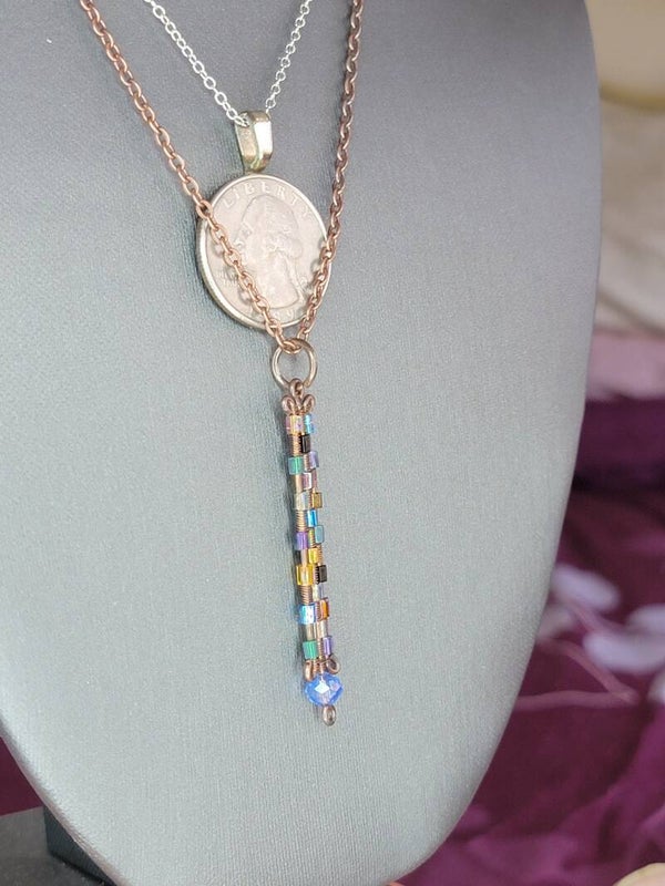 Copper Wire Wrapped Pendant w/necklace, and Multi Colored Glass Beads.