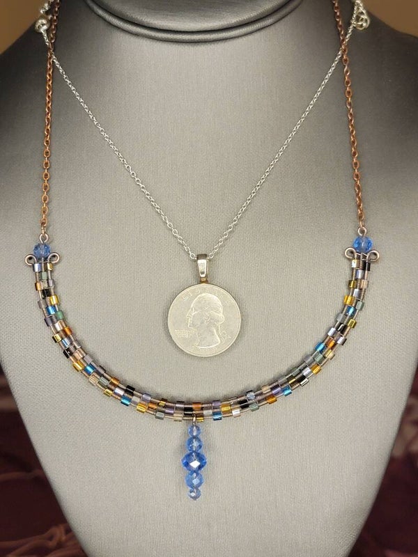 Copper Wire Wrapped Pendant w/necklace, and Multi Colored Glass Beads.