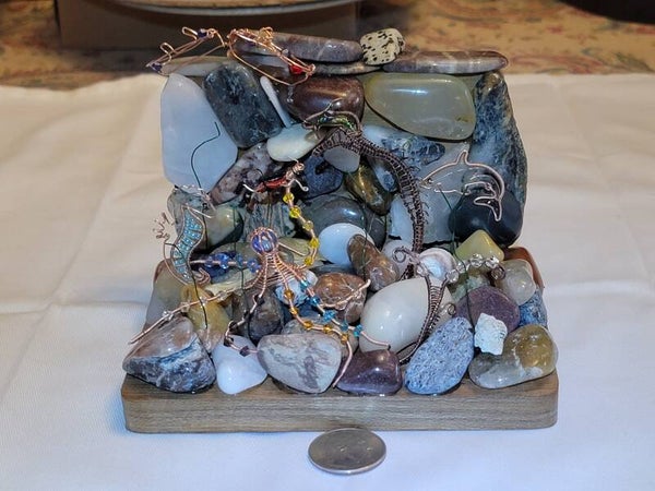 Underwater Seascape, made with copper wire wrapping, and local RI beach stones. Base is Teak.