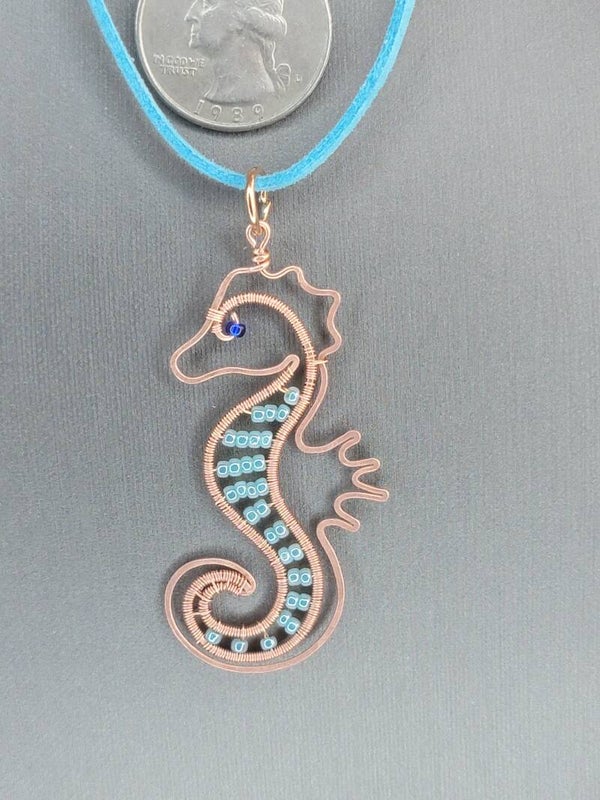 Pendant & Necklace, Seahorse, made with copper wire wrapping and glass beads..