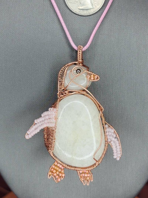 Pendant & Necklace, Penguin. Ice Crackled Quartz. Natural shaped tumbled stone, Copper Wire Wrapped W/glass beads.