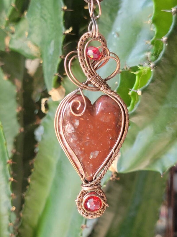 Pendant & Necklace Heart Cabochon, Red Jasper w/2-zircon crystals. Copper wire wrapped.