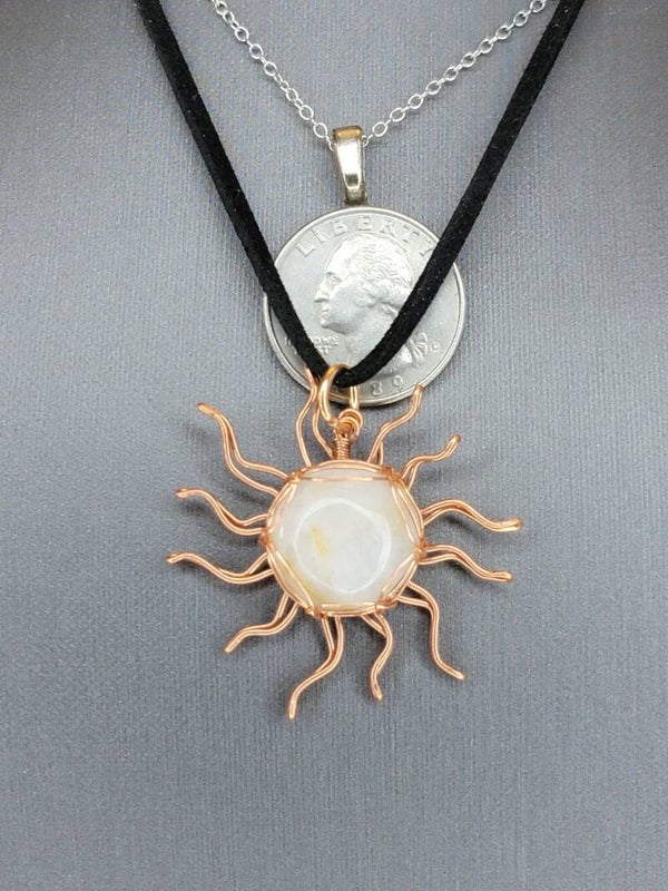 Pendant & Necklace, White Jasper, Cabochon Sun, Wire Wrapped in copper.