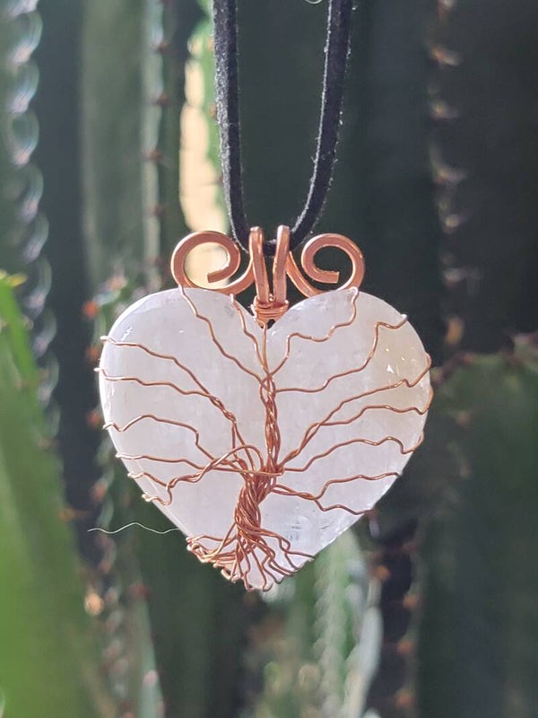 Pendant & Necklace, Tree of Life, Quartzite Heart, Wire Wrapped
