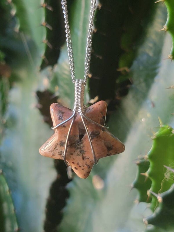 Pendant & Necklace Rhodonite Star. Wrapped in Stainless Steel