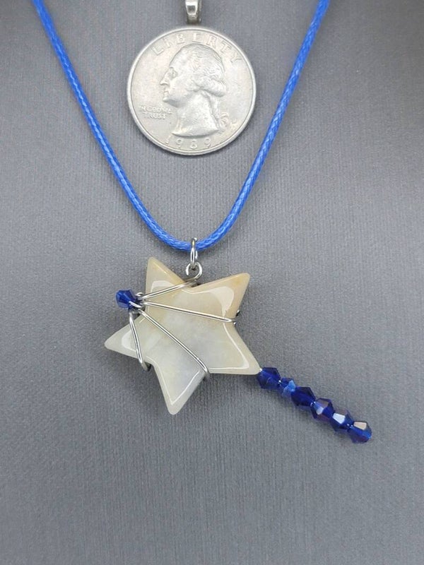 Pendant & Necklace White Agate Shooting Star. Wrapped in Stainless Steel