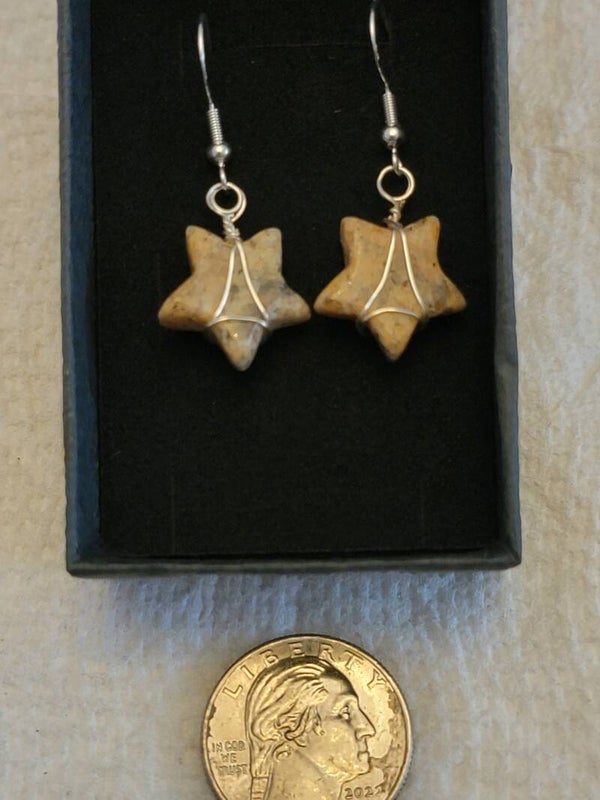 Earrings Brecciated Jasper Star shaped cabochons. Wrapped in silver plated copper.