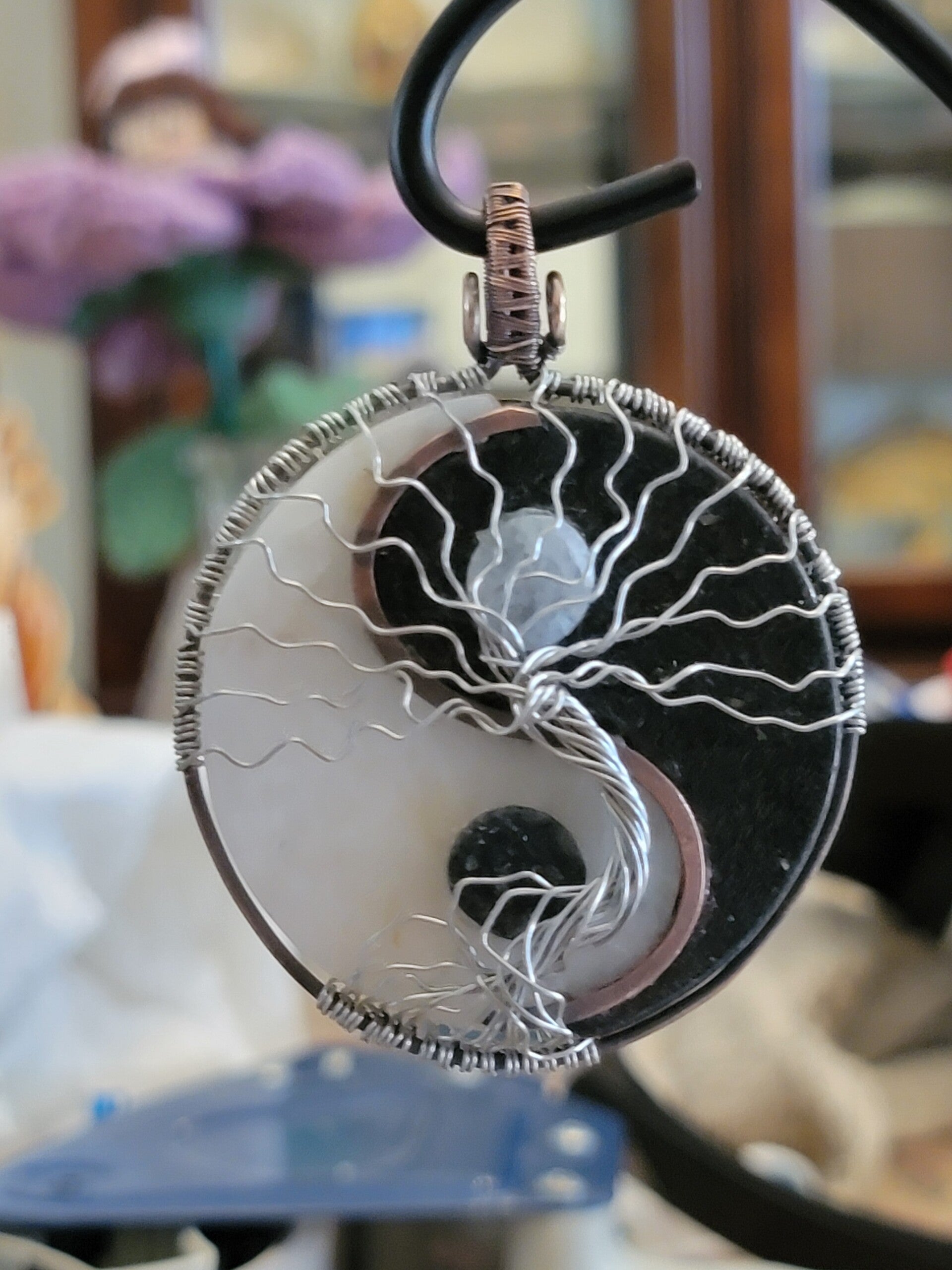 Pendant, Necklace, and table top art. Yin-Yang with two trees of life.