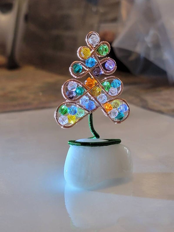 Christmas Tree, wire wrapped copper and Zircon beads and Quartzite base.