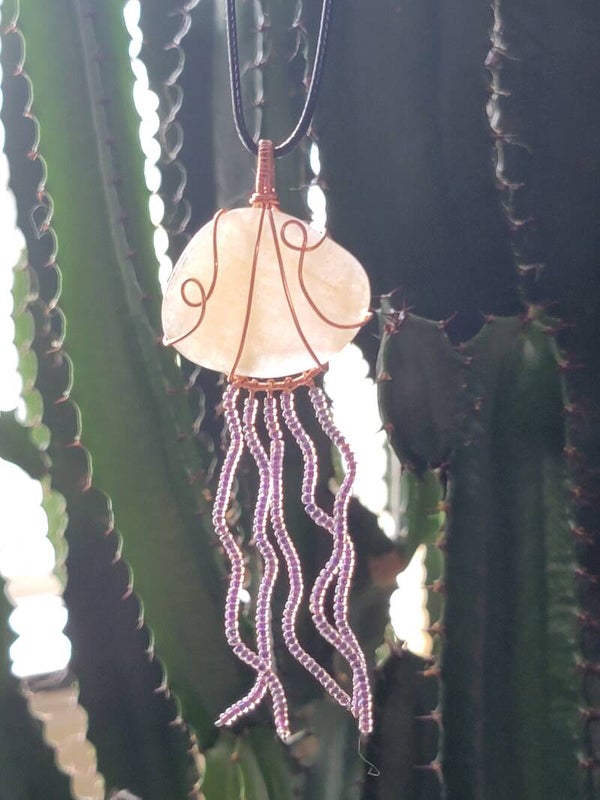 Pendant & Necklace Jellyfish, Ice Crackled Quartz Cabochon, Wire Wrapped in copper w/glass beads