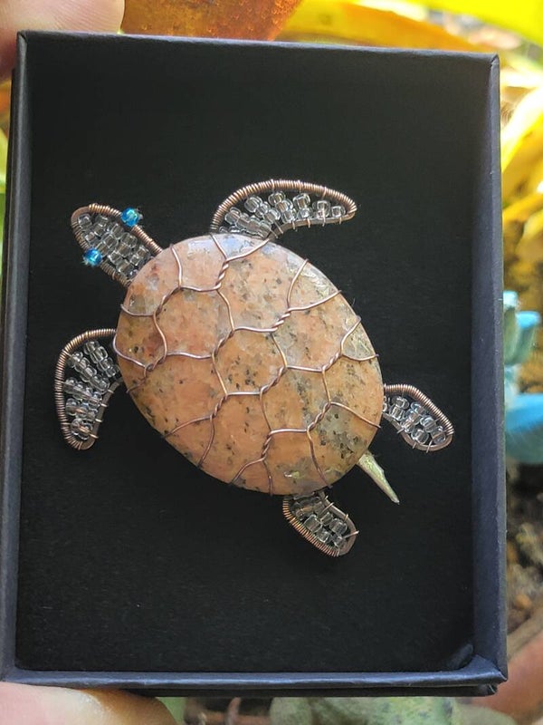 Turtle Brooch, Rhodonite Cabochon, glass Beads and copper wrapped..
