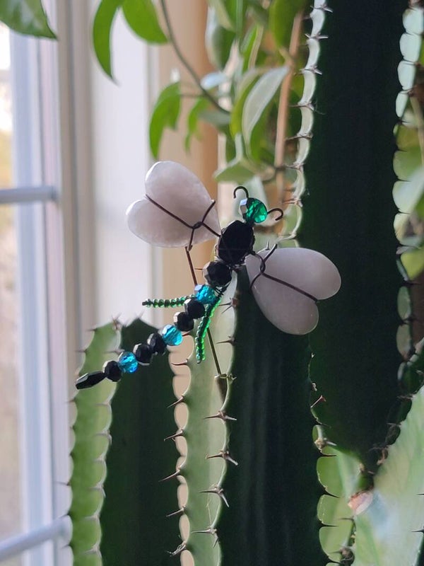 Dragonfly Brooch, Quartz Cabochon, glass Beads and copper wrapped..