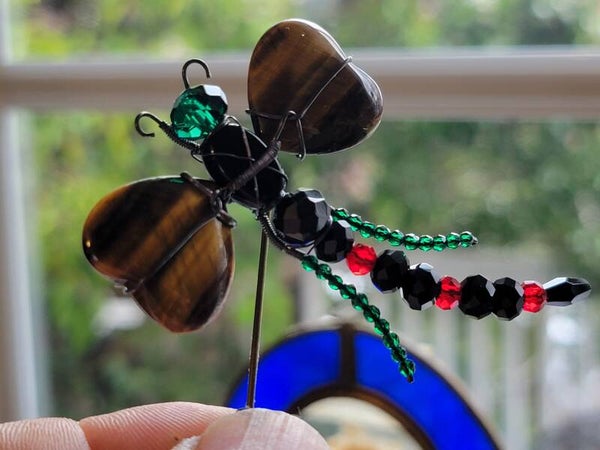 Dragonfly Brooch, Tigers Eye Cabochon, glass Beads and copper wrapped..