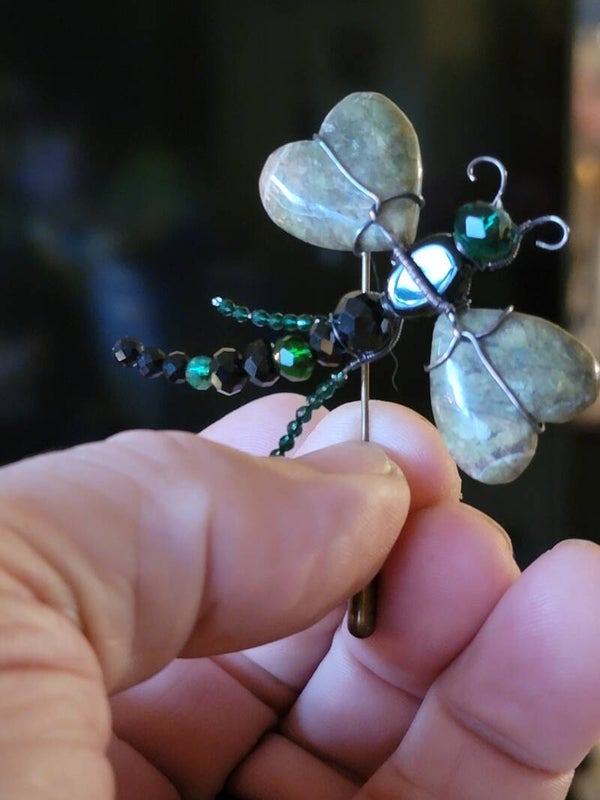 Dragonfly Brooch, Jade Cabochon, glass Beads and copper wrapped..