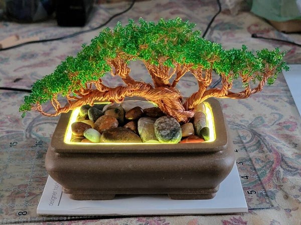 Bonsai Tree with Local RI tumbled beach stones and LED Neon lighting!