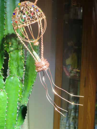 Hot Air Balloon,  Wire Wrapping, Glass Faceted Beads and Gneiss polished stone passenger, 99% pure copper. Hanging sculpture.
