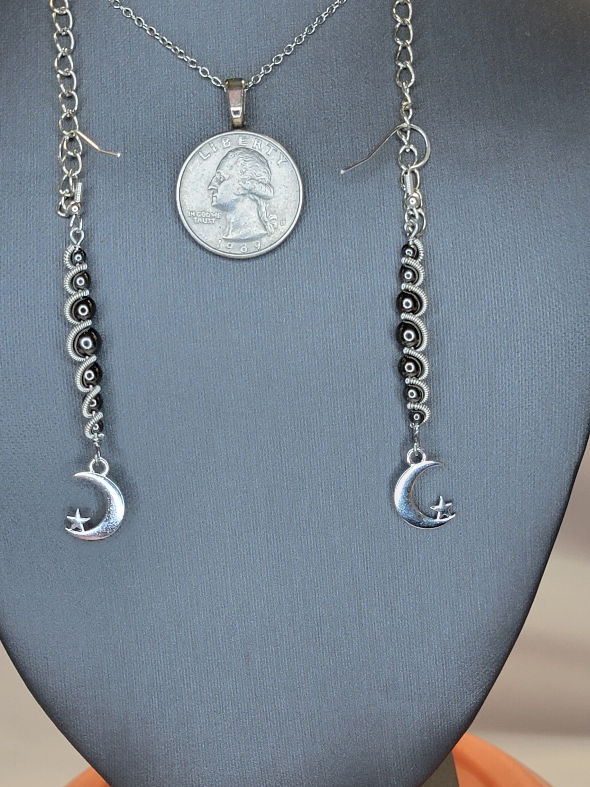 Earrings w/Black Beads & Moon Charm, Wire Wrapped