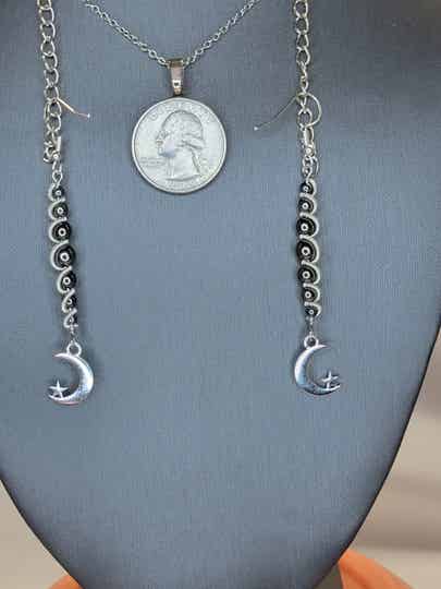 Earrings w/Black Beads & Moon Charm, Wire Wrapped