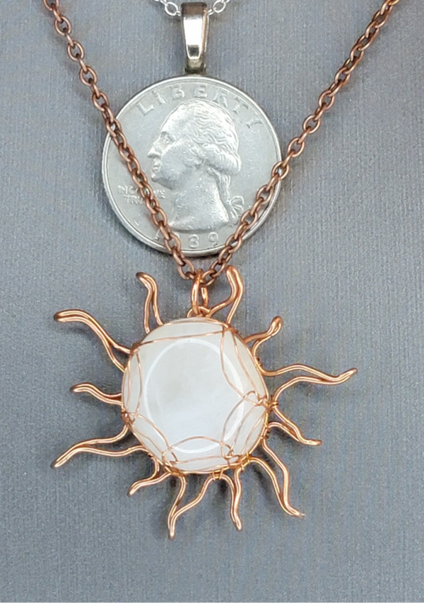 Pendant & Necklace, Moonstone Sun Cabochon, wrapped in copper.