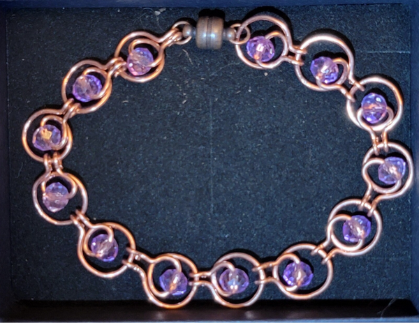 Copper Wire Wrapped Bracelet with Faceted Glass Beads. w/magnetic clasp!