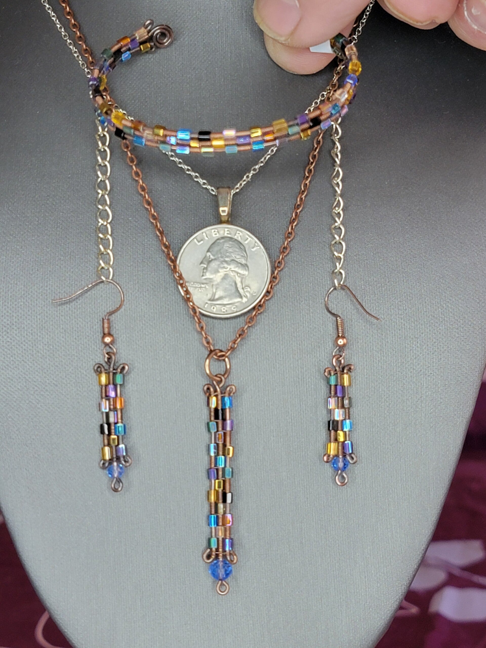 Copper Wire Wrapped Set of:  Pendant w/necklace, Earrings, and Bracelet, w/Multi Colored Glass Beads.