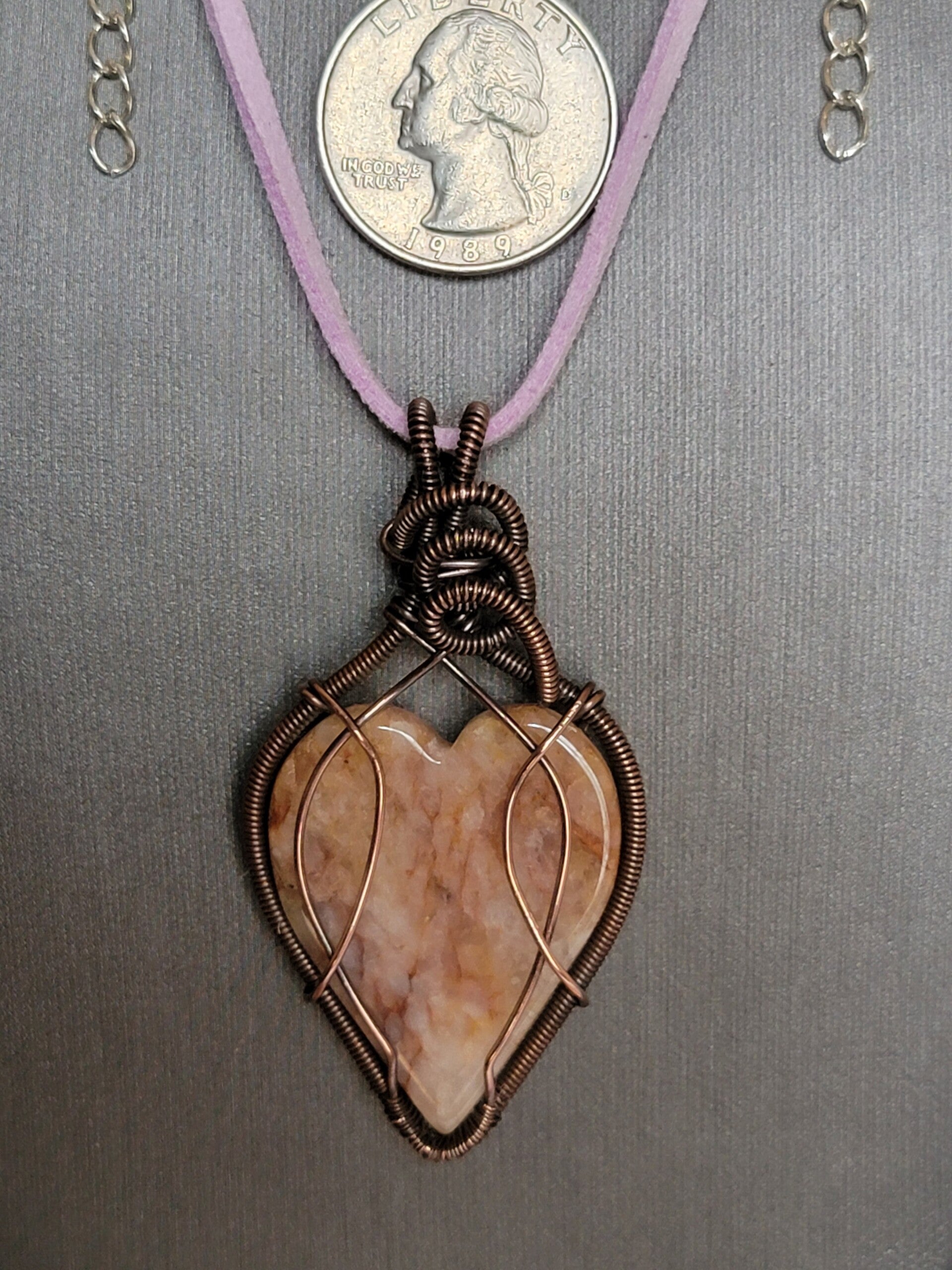 Pendant & Necklace, Sunstone Cabochon Heart, Wire Wrapped