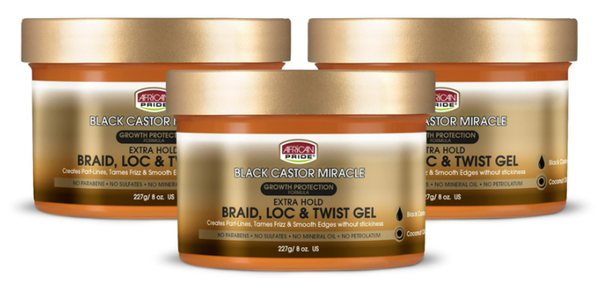 African Pride Black Castor Miracle Extra Hold Braid, Loc & Twist Gel 227gr ( COMBO DEAL 3 X)
