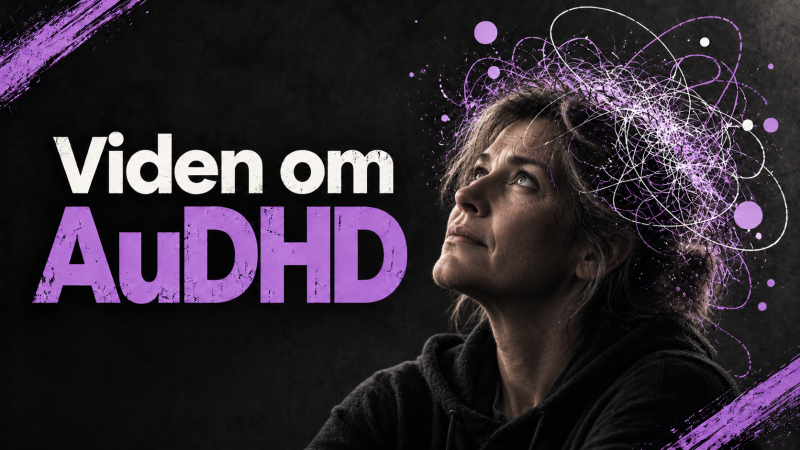 Viden om AuDHD – en kvinde med mange tanker illustreret omkring hovedet