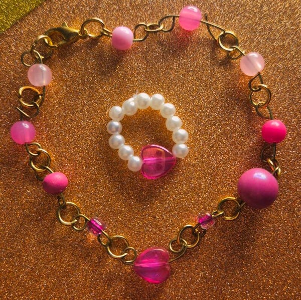 Sterke roze gouden armband + roze hartje ring