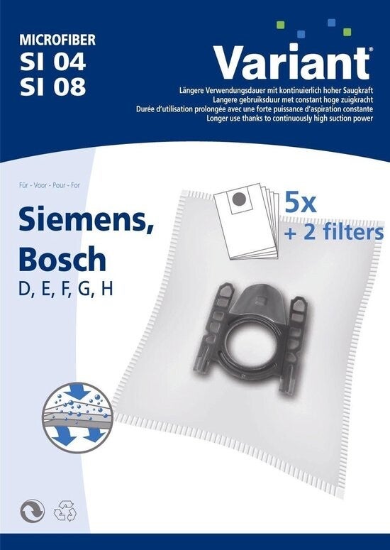 variant Siemens Bosch Krups D E F G H microfiber stofzuigerzakken 5 stuks + filter