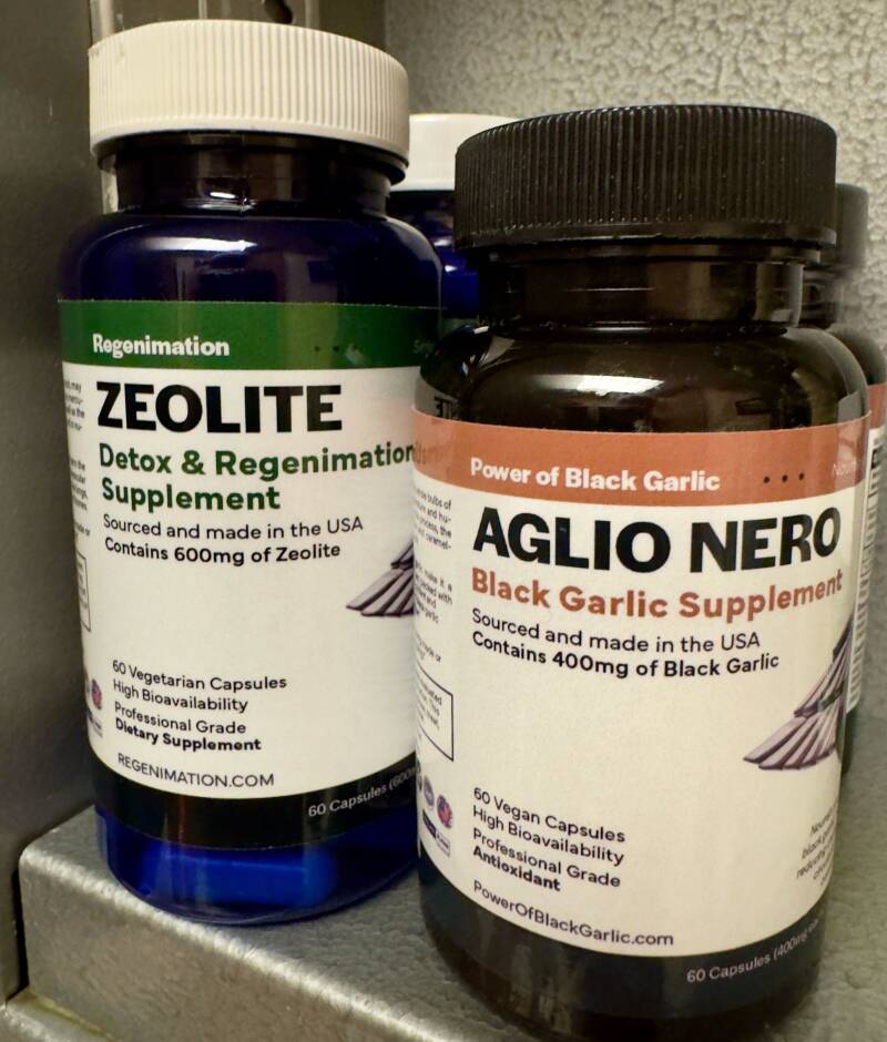 Regenimation Zeolite and AGLIO NERO Black Garlic Supplements. Imagine a powerful combination that not only detoxifies your body but also boosts your immune system, improves digestion, and promotes heart health.