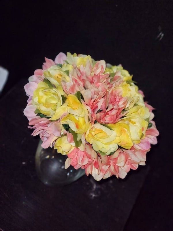 Yellow & Pink Flowers With Small Vase