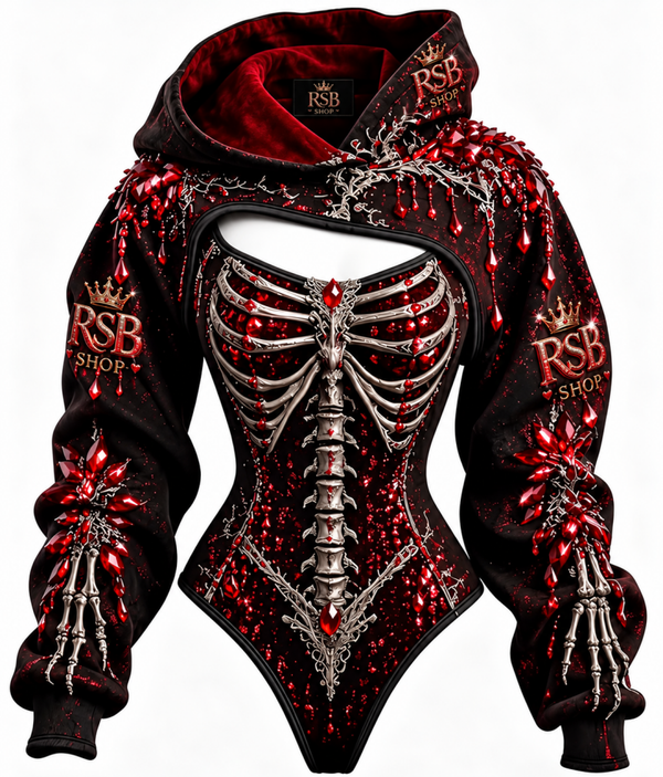 🖤❤️ BODY GOTHIQUE À CAPUCHE – STYLE SQUELETTE ROUGE & NOIR ❤️🖤