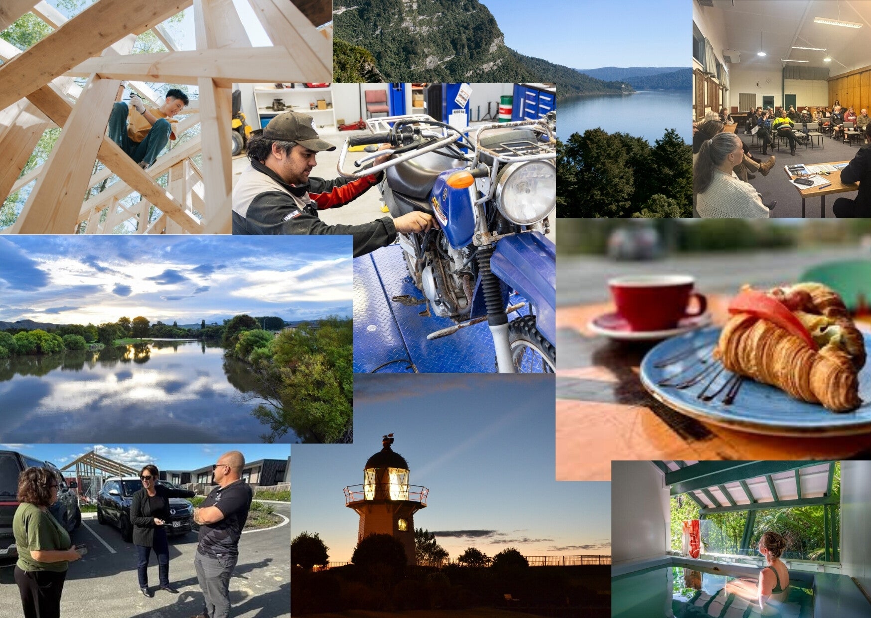 Montage of Wairoa enterprise and community life, including trades, tourism, hospitality, meetings and local landscapes.