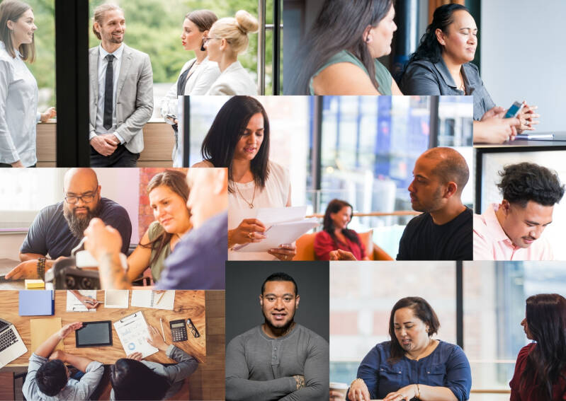 Montage of diverse people meeting, working and sharing ideas.