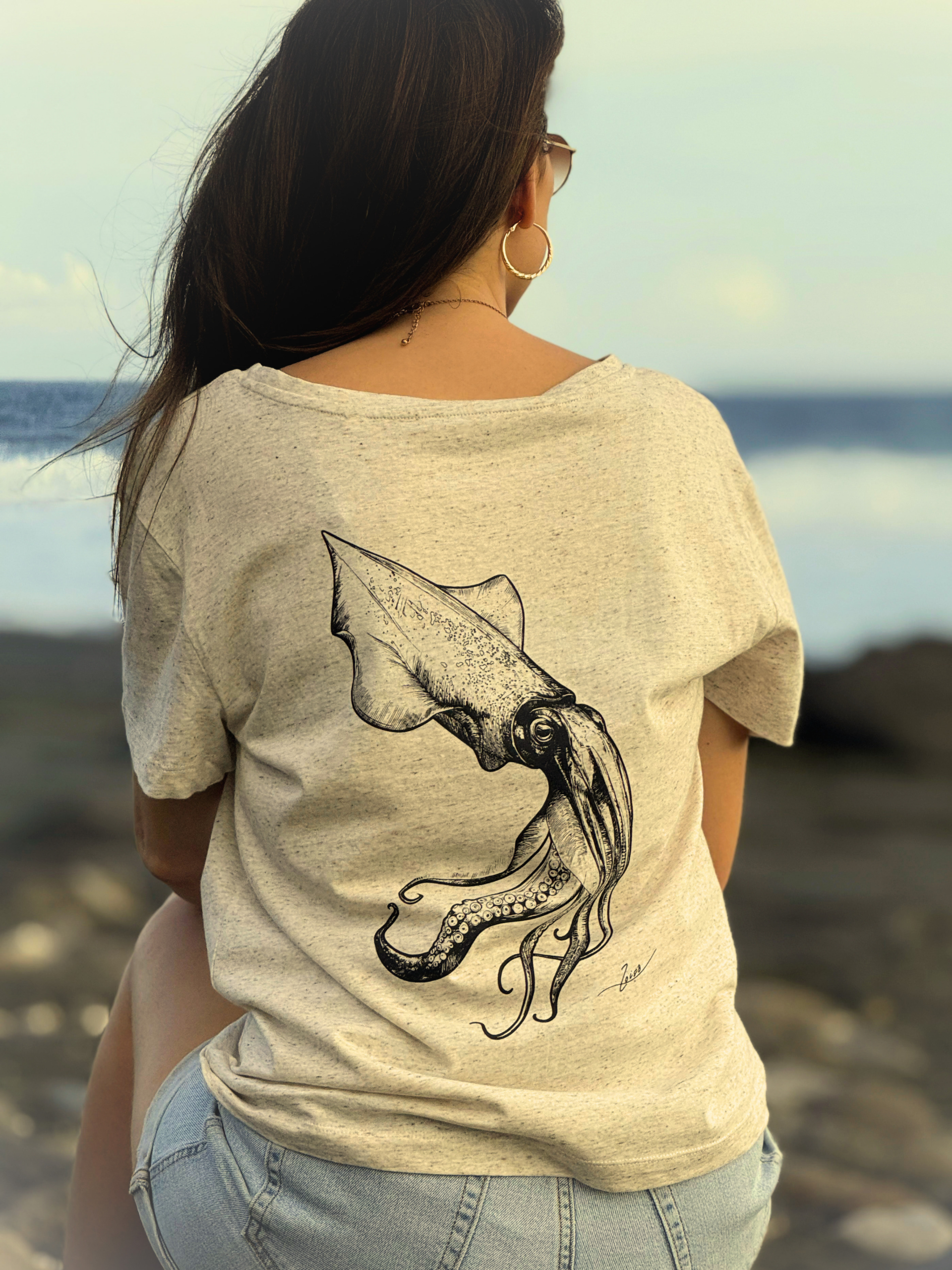 T-shirt  coupe femme Calamar chiné beige  -  col échancré