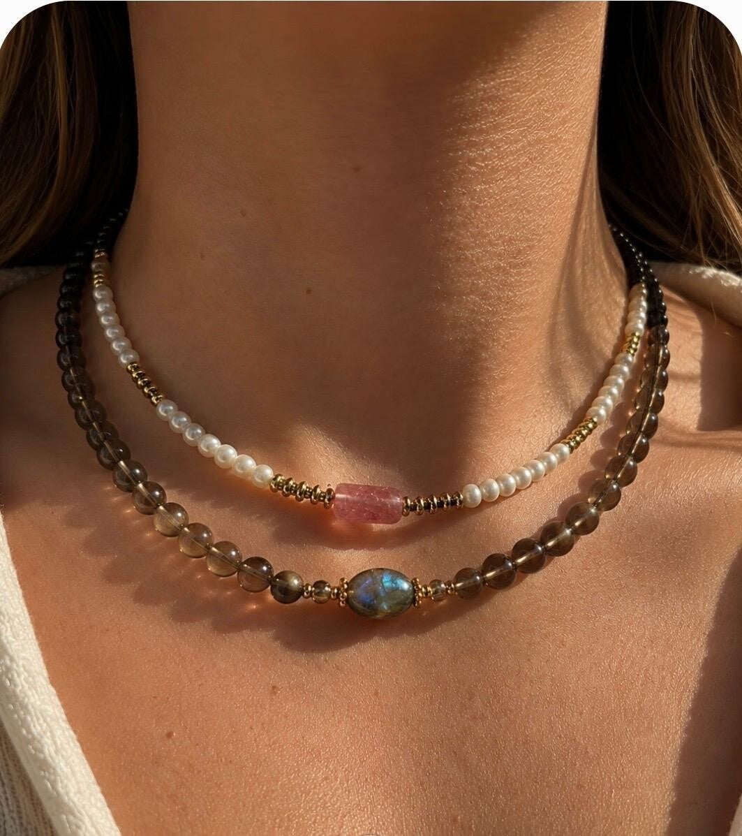Collier en Quartz Fumé / Collier en Perles d eau douce - Quartz fraise