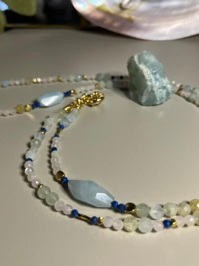Sautoir Aigue marine / Quartz rose / Zircon bleu